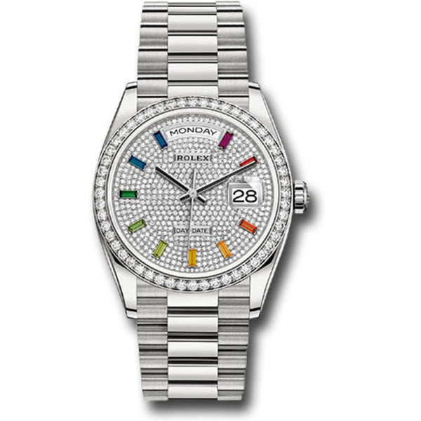 Rolex Day-Date 36mm President 128349 White Gold Watch Pave Dial